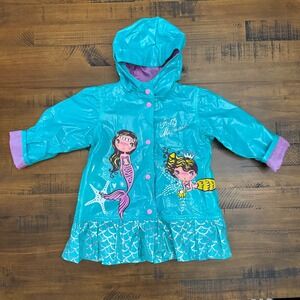 Wippette Kids Mermaid Raincoat Hooded Ruffle Hem Aqua Pink‎ Girls Rain Coat 3T
